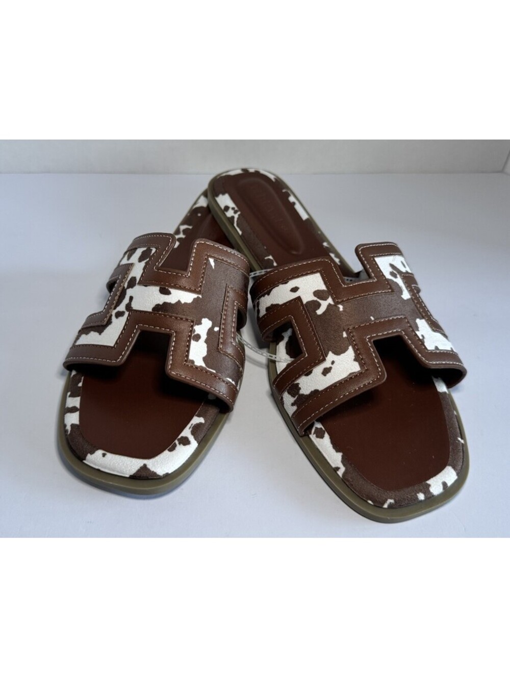 Wild Diva Lounge Women’s Cow Print Slide Sandals Slip On Strappy Brown/White 10